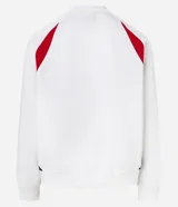 Saco deportivo boxy de algodón felpa color blanco, con cuello redondo, manga raglán larga y recortes rojos en los hombros. Presenta bordados frontales con texto "OFFICIAL NATIONAL MAJOR HARMONY", un logo circular y el número "31". Las mangas tienen un patrón de cuadros rojos y blancos.