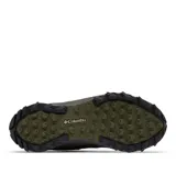 Championes de senderismo Columbia modelo Peakfreak II OutDry, color verde oliva con detalles en negro. Presentan una construcción de malla técnica con refuerzos impresos en 3D, tecnología impermeable OutDry, sistema Navic Fit para mayor estabilidad y suela Adapt Trax de alta tracción.