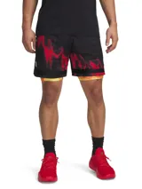 Short de básquet negro con estampado de llamas rojas y amarillas.