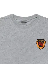 Remera Caterpillar gris melange de manga corta con cuello redondo y pequeño gráfico impreso en el pecho.