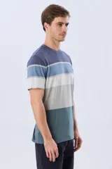 Remera de manga corta y cuello redondo, con diseño de bloques de color y franjas horizontales en tonos azul, celeste y gris, con pequeño logo bordado en el pecho.