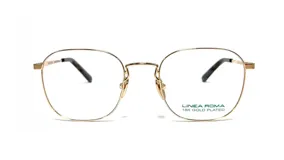 Anteojos recetados Linea Roma con marco metálico de forma redondeada y baño de oro de 18 quilates. Presenta patillas delgadas con terminales de acetato carey.