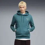 Buzo con capucha y bolsillo tipo canguro, color verde esmeralda. Presenta cordones ajustables en la capucha, puños con detalle de franja blanca y logo de Puma Athletics estampado en el pecho.