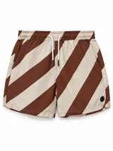 Short de baño con diseño de rayas diagonales anchas en color marrón y beige, cintura elástica con cordón de ajuste blanco y bolsillos laterales.