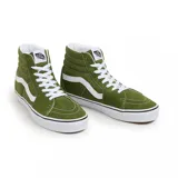 Championes Vans modelo SK8-HI de caña alta, color verde oliva con detalles en blanco. Presentan el diseño clásico de la marca con la banda lateral característica, confeccionados en una combinación de lona y gamuza, con suela de goma vulcanizada.
