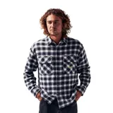 Camisa a cuadros blanco y negro con dos bolsillos frontales con botón y logo bordado en verde.