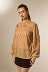 Blusa holgada color beige con textura plisada vertical y brillo sutil. Presenta cuello alto fruncido y mangas largas abullonadas con puños ajustados.