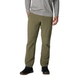 Pantalón de corte recto en color verde oliva, diseñado para actividades al aire libre. Cuenta con rodillas articuladas, múltiples bolsillos funcionales, incluyendo uno de seguridad con cremallera, y trabillas multifuncionales en la cintura.