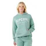 Canguro con capucha de color verde, con bolsillo frontal tipo canguro y estampado gráfico estilo universitario en el pecho con la marca Rip Curl.