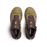 Bota de senderismo Merrell modelo Speed Strike 2 LTR, color verde oliva con detalles en marrón oscuro. Confeccionada en cuero de plena flor y ante impermeable, cuenta con suela de goma adherente, cuello acolchado y cierre mediante cordones.