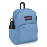 Mochila celeste JanSport Superbreak Plus con compartimento interno para laptop y bolsillo lateral para botella.