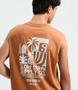 Musculosa masculina de algodón color tostado, con cuello redondo y sisas amplias. Presenta estampa pequeña en el pecho y diseño gráfico grande en la espalda, con un corte holgado y cómodo.