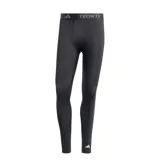 Calza de compresión deportiva Adidas modelo Techfit, color negro. Presenta cintura elástica con el logo de la marca y la inscripción Techfit, y logo de Adidas en la parte inferior de la pierna. Diseñada con tecnología Aeroready y bolsa esculpida en 3D para mayor soporte y comodidad.