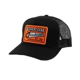 Gorro trucker Volcom modelo Sawstone, color negro con red trasera y un parche frontal rectangular naranja y negro con el logo bordado de la marca y la leyenda "Workwear".