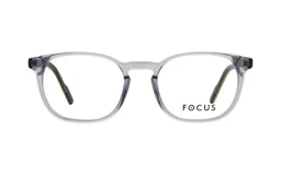 Armazón de lentes de receta Focus Premium, con marco de acetato transparente en tono grisáceo y detalles internos en color verde lima.