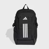 Mochila Adidas APWR de color negro con el logo y las tres bandas icónicas de la marca en blanco en la parte frontal. Cuenta con compartimento para notebook, bolsillo lateral para botella, correas de compresión laterales y panel trasero de malla para mayor ventilación.