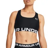 Top deportivo Under Armour de color negro con espalda nadadora y banda elástica inferior en color blanco con el nombre de la marca. Incluye el logo de la marca estampado en el pecho.
