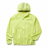 Campera cortaviento Merrell de trail running color amarillo fluo, con capucha, cierre frontal completo y detalles reflectantes. Diseñada para ofrecer transpirabilidad, elasticidad y repelencia al agua.