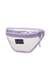 Riñonera transparente con bordes y cierre en color lila. Cuenta con el logo de la marca JanSport en el frente.