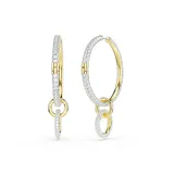 Caravanas de aro de la colección Dextera, con diseño de tres anillos interconectados con baño en tono oro y engastados con cristales transparentes. La sección colgante es removible para mayor versatilidad.