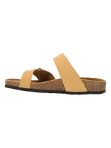 Sandalias de cuero color tostado con dos tiras ajustables con hebillas metálicas, plantilla anatómica de corcho y suela de goma.