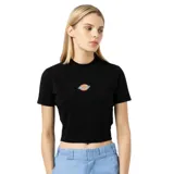 Remera corta negra de cuello redondo con logo de Dickies bordado en el pecho.