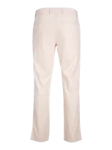 Pantalón chino de corte regular y tiro medio, con cierre de cremallera, bolsillos laterales y traseros. Confeccionado en tejido twill con mezcla de algodón y lino.