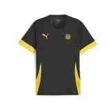 Camiseta deportiva Puma negra de manga corta, con cuello redondo y detalles en amarillo en los puños y paneles laterales. Presenta el logo Puma en amarillo y el escudo de Peñarol (franjas verticales amarillas con cinco estrellas negras arriba) en el pecho.