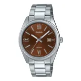 Reloj Casio plateado con esfera marrón, caja de acero inoxidable de 38mm y pulsera de acero inoxidable.