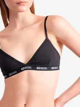 Top tipo bralette de corte triangular, color blanco, con tirantes finos ajustables y banda elástica inferior con el logo de la marca estampado en contraste.