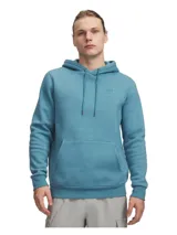 Buzo canguro con capucha Under Armour Icon Fleece de color celeste melange, con bolsillo frontal tipo canguro, cordones ajustables y logotipo bordado en el pecho.