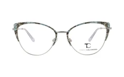 Armazón de lentes de metal plateado con forma de ojo de gato y detalles florales en la parte superior.