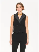 Chaleco negro confeccionado en powermar, con cuello y solapa en cuero ovino. Incluye broches metálicos, forrería interna en jacquard marcario y bolsillos ojales en el delantero.