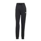 Pantalón de jogging Adidas Essentials para mujer, color negro, con cintura ajustable con cordón y puños elásticos en los tobillos. Presenta el logo de Adidas en blanco en la pierna izquierda.