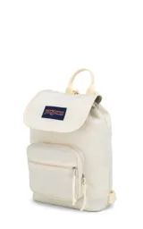 Mochila mini JanSport Highlands, color rosa pálido, con asa superior, bolsillo frontal con cierre y logo de la marca en el frente.