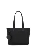 Bolso shopper negro con asas largas de hombro, bolsillos frontales y laterales, y un monedero circular colgante con cierre.