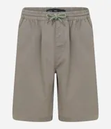 Bermuda masculina color beige, modelo baggy, hecha en sarga, con cintura elástica y cordón para ajuste.