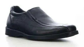 Zapato de vestir para hombre tipo mocasín, color negro, con paneles laterales elásticos para un ajuste cómodo y costuras decorativas en la puntera.