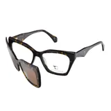 Lentes con armazón óptico de diseño geométrico estilo cat-eye y clip-on solar desmontable, ambos con patrón carey (tortoise).