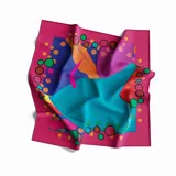 Pañuelo cuadrado de seda premium con estampado abstracto multicolor.