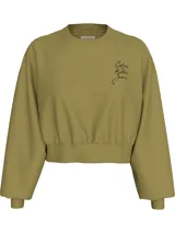 Buzo color verde oliva de corte boxy, con cuello redondo, puños y bajo de canalé. Logo escrito de Calvin Klein Jeans en el pecho.