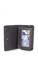 Billetera de cuero color marrón oscuro con broche metálico. Incluye monedero con cierre, compartimento para billetes y ranuras para tarjetas.