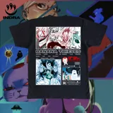 Remera negra con estampado de estilo manga con personajes y texto "Banana Thieves".