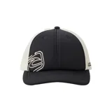 Gorra negra de visera curva con paneles frontales rígidos y paneles traseros de malla blanca. Presenta logo de Rip Curl bordado en blanco en el frente y en la parte posterior.