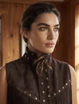 Chaleco de gamuza color marrón chocolate, sin mangas, con cuello mao, detalles de tachas metálicas en el cuello y la solapa frontal, y flecos delanteros de estilo western. Cuenta con cierre frontal de broches a presión.