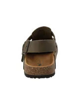 Zuecos de cuero color marrón de la marca RKF, con diseño cerrado en el empeine, tira ajustable en el talón con hebilla metálica y plantilla de corcho.