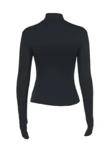 Remera de manga larga negra con cuello alto, confeccionada en viscosa y elastano. Presenta un panel frontal de encaje transparente en el pecho con un aplique de cruz bordada y detalles de cruces en las mangas.