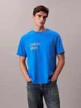 Remera de punto de algodón Calvin Klein, color azul, de corte regular, cuello redondo y manga corta. Cuenta con el logotipo de la marca estampado en el pecho derecho.
