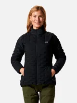 Campera técnica de plumón Mountain Hardwear, color negro, con diseño acolchado elástico, cuello alto, cierre frontal completo y bolsillos laterales con cremallera.