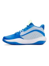 Championes de básquetbol Under Armour Lockdown 7, con diseño en tonos azul, gris y detalles en verde lima. Presentan parte superior de malla transpirable con superposiciones de cuero sintético, entresuela de EVA para una pisada ligera y suela de caucho con patrón de tracción en espiga.